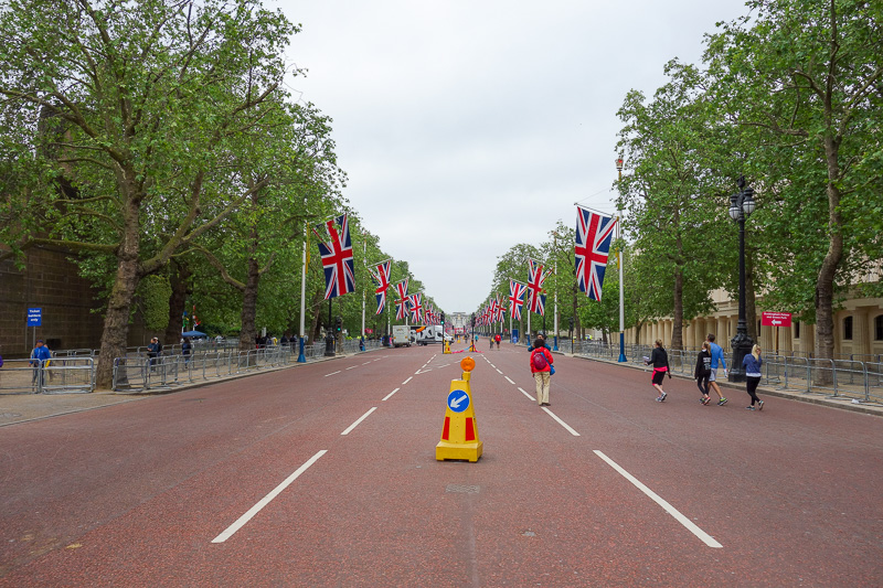 England-London-Buckingham Palace - Then I found myself on the mall, with flags again, but also barriers for some kind of race.