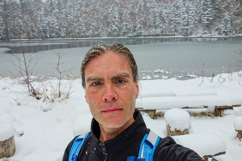 Visiting 9 cities in Japan - Oct and Nov 2016 - Selfie time. I had a lot more snow on me at other points, especially on the summit when it was a white out. It was so cold up there I could not take a