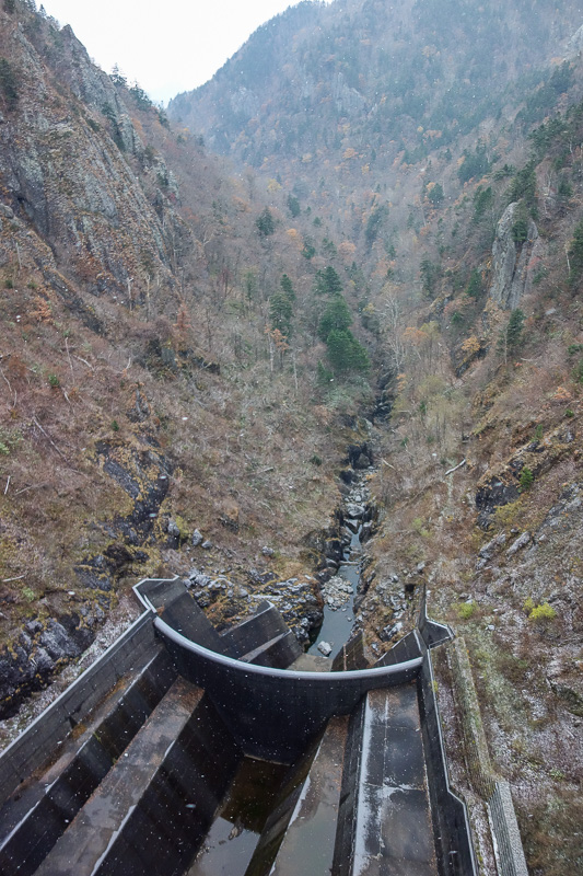 Visiting 9 cities in Japan - Oct and Nov 2016 - Now I walked onto the dam to look over the other side. Its a long way down! All the trees look dead down there.