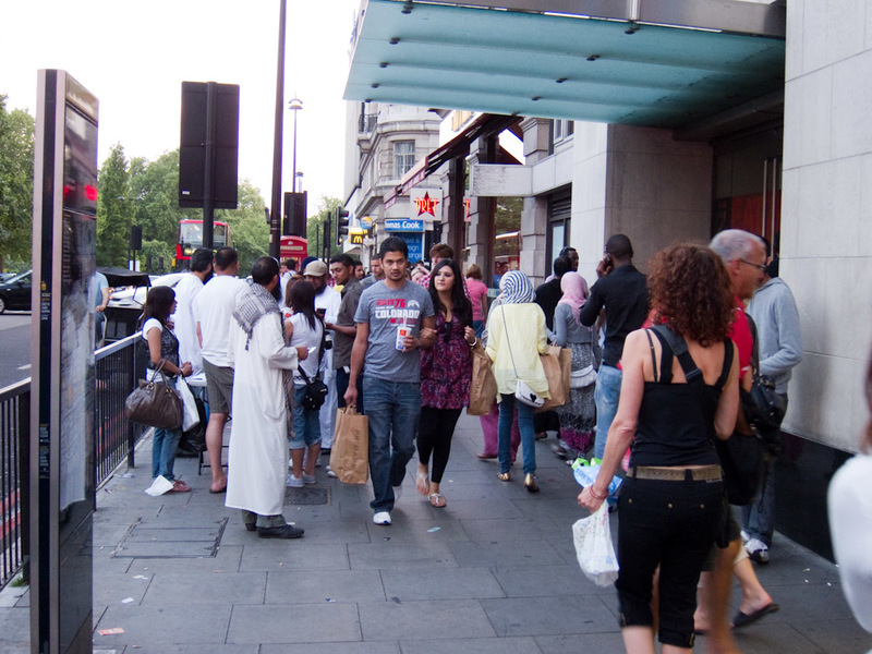 London 3 - June/July 2010 - Marble Arch station is at the end of the road, and theres a bunch of muslims guys all in white you can see here lecturing and handing out pamphlets on