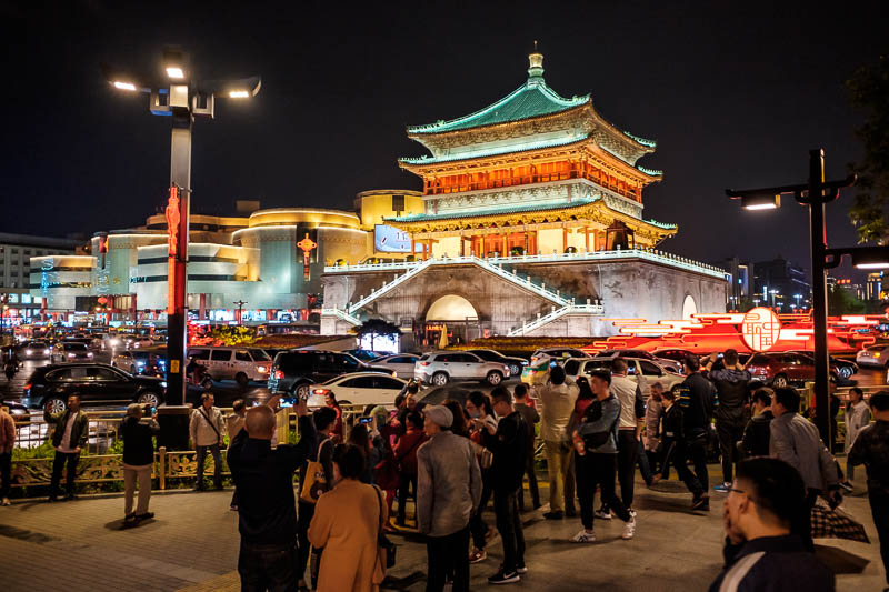 The great loop of China - April 2018 - Now for the night photos of the buildings under lights. This is the bell tower thats in the middle of a big roundabout.
