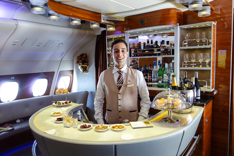 Dubai-Emirates-Airbus A380-Business Class - The barman was very well rehearsed in posing for photos, this looks like it came off the Emirates website, but I took it.
