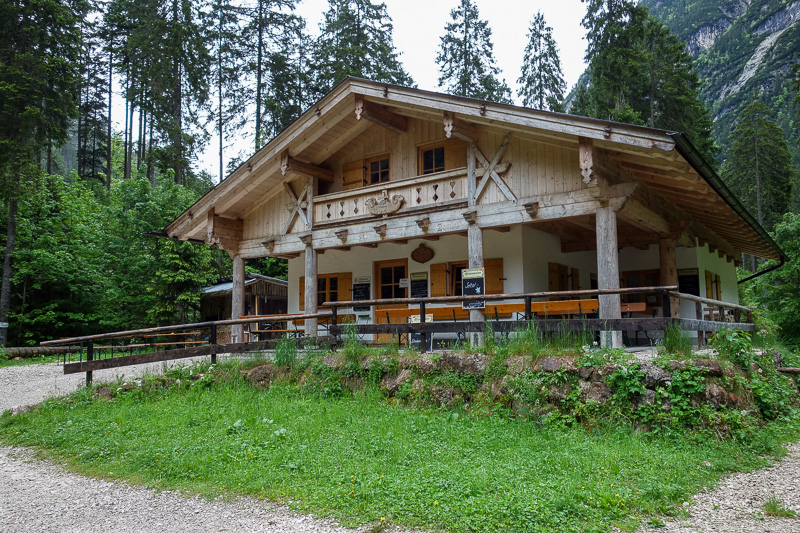 Germany-Garmisch Partenkirchen-Hiking-Zugspitze-Snow - Here is the first hut. No one there, opens at 11am for day trippers keen to make a 4.5 hour round trip for a beer in the valley.