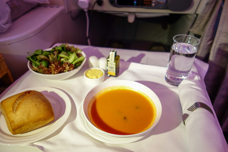 Dubai-Emirates-Airbus A380-Business Class - Before having to return to my seat to eat my next meal, starting with the middle eastern soup like they serve at the wonderful Lezzies Persian Restaur