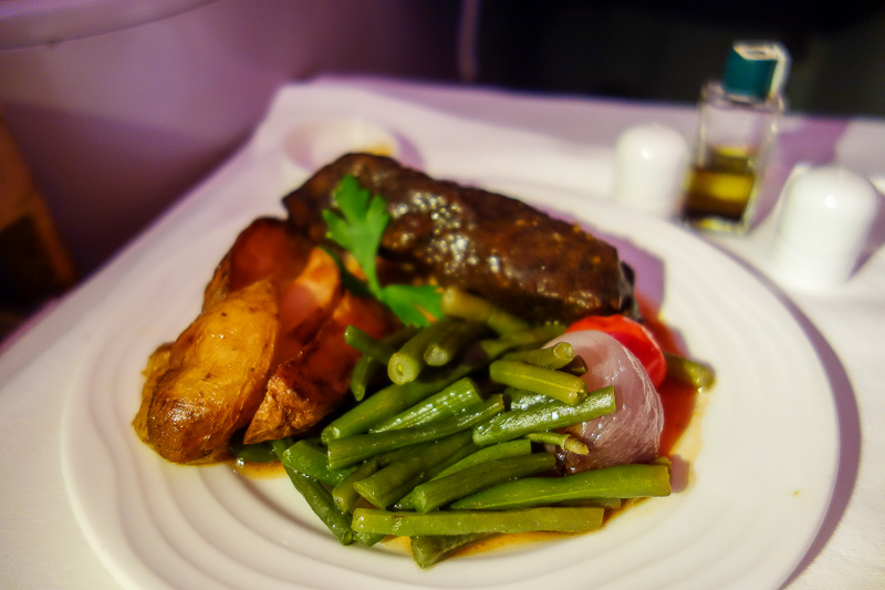 Dubai-Emirates-Airbus A380-Business Class - And my final photographed food for the flight is a great beef rib eye something steak. I still had dessert after this, and some warmed nuts. Yes reall