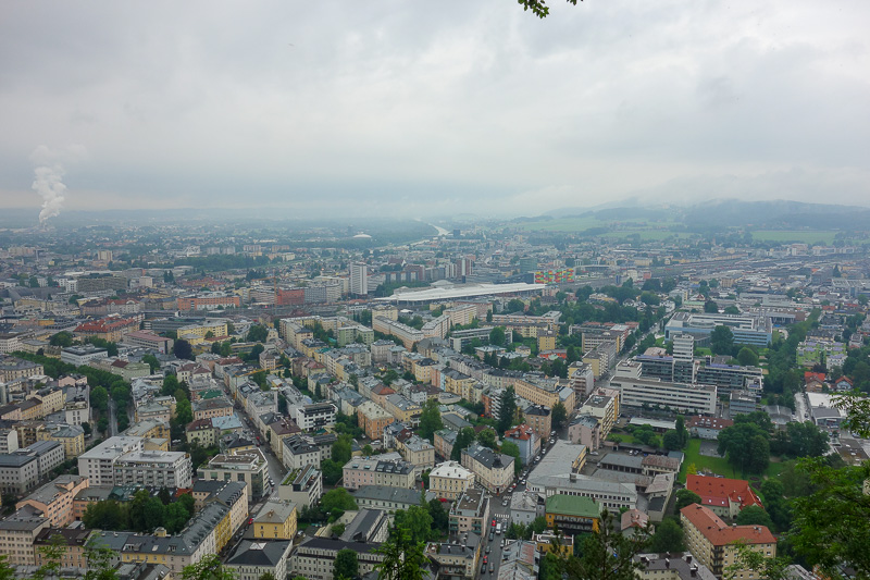 Austria-Salzburg-Kapuzinerberg - Now we do the view, the old city and the cliffs where I am staying are to the left.