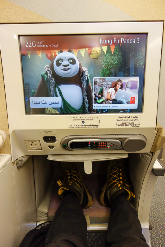 Melbourne-Emirates-Airbus A380-Business Class - Large size screen and foot well, I enjoyed all 3 Kung Fu Panda films.