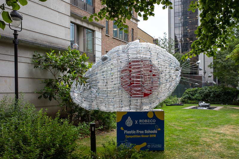 France & England... for work... - Children have constructed this fish out of plastic bottles. Once the exhibition is over they will take it down to Dover and float it out to sea to see
