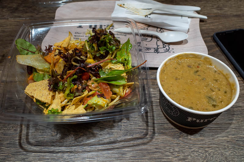 France & England... for work... - Dinner was again healthy and vegetarian. The soup is a Thai lentil concoction, the salad is Mexican fiery something with sweet potato. I therefore ate