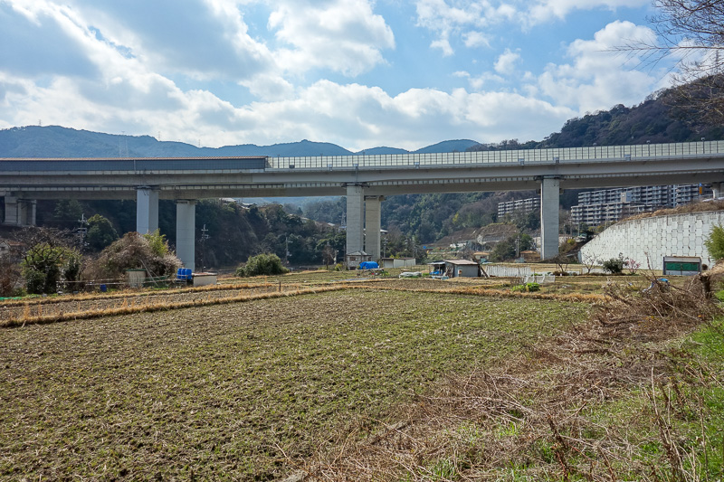 Hong Kong - Japan - Taiwan - March 2014 - I found my turnoff which took me through someones farming land. I think this viaduct thing is a shinkansen line.