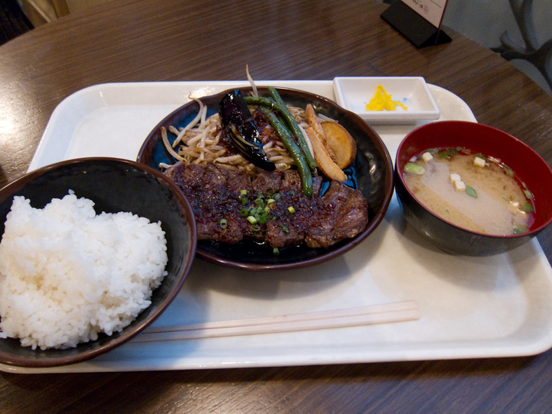 Japan-Tokyo-Odaiba-Shibuya - My lunch is actually a fairly decent steak, with some rice and miso soup. It was delicious and unexpected in a foodcourt for $8. I have noted that whe