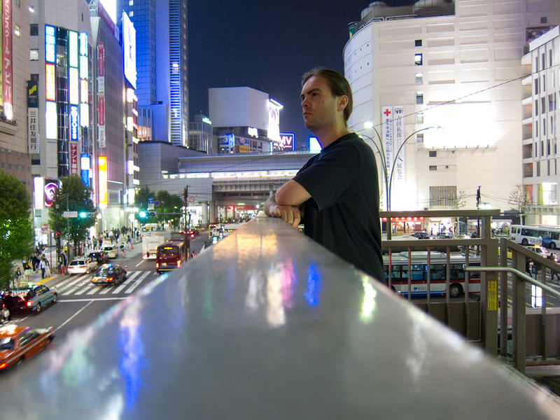 Japan-Tokyo-Shibuya-Guitar - Here I am risking my fancy new camera, perched on a shaky overpass, left unattended, 20 metres above traffic. All so you can see my ugly head.