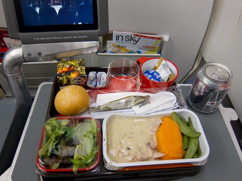 Sydney-Tokyo-Narita-Airbus A330-Qantas - My dinner was some sort of chicken in a cream sauce. The mash pumpkin and snow pea things were really nice, more so than the chicken.