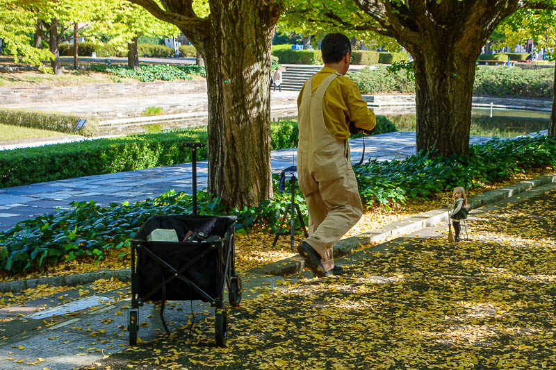 Japan-Tokyo-Garden - This guy has brought his doll to the ginkgo so he take upskirt photos of her holding a broom. He had a $5000 camera, lights, external flash rigs, a wh