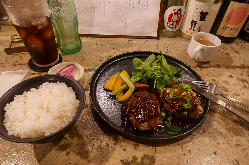 Japan-Osaka-Dotonbori-Food - Rissoles for dinner, or as Japan calls them, hamburg. This is what you have instead of a steak in Japan. An actual steak is a cube of marbled steak fr