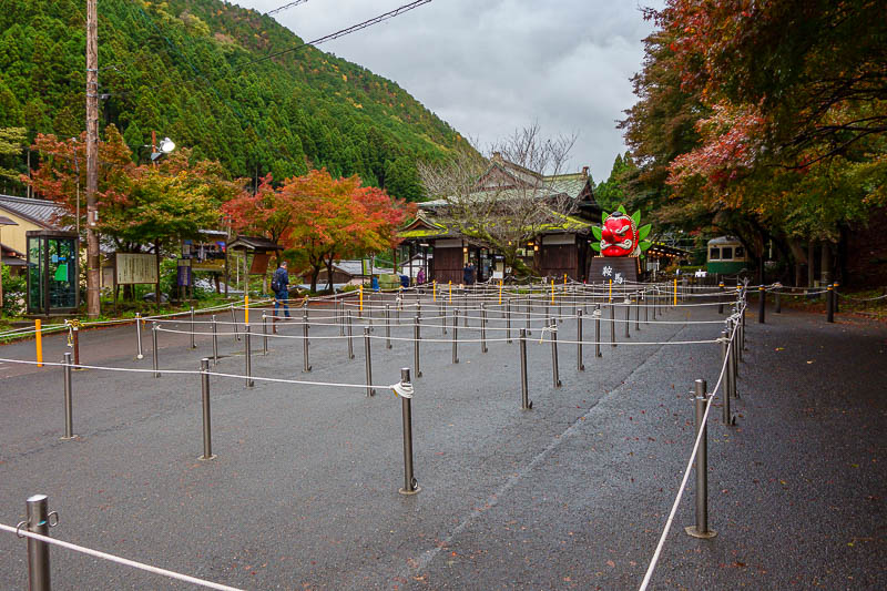 Japan-Kurama-Kibune-Hiking - Getting off at Kurama, and they seem to expect huge crowds. These are the rope barriers to line up to get back on the train.
