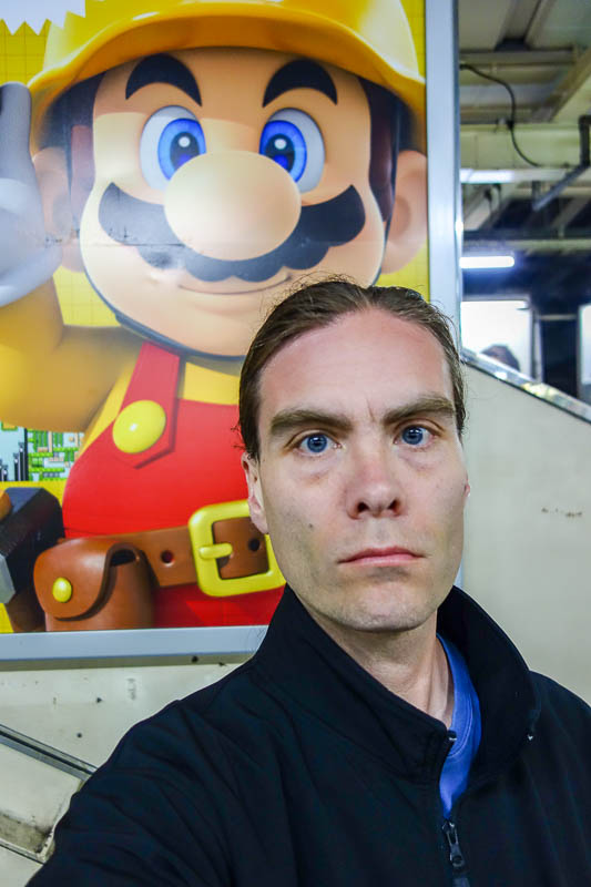 Japan 2015 - Tokyo - Nagoya - Hiroshima - Shimonoseki - Fukuoka - Its me, with Super Mario. There have not been many photos of me due to my hideous post illness appearance, where my nose looks like Rudolph (popular r