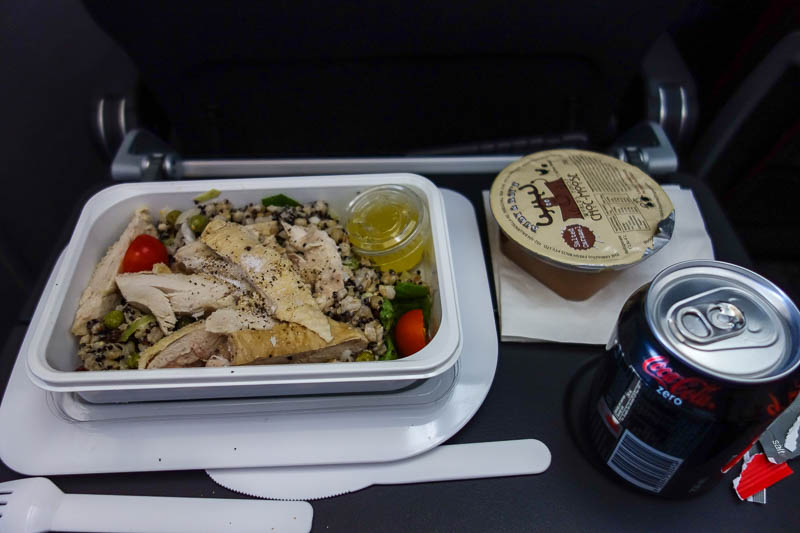 Adelaide-Brisbane-Qantas-Boeing A330 - My first of 3 meals, and the only one I accepted. Even this was a bit weird, a chicken and qinoa salad, but huge pieces of chicken with the skin left 