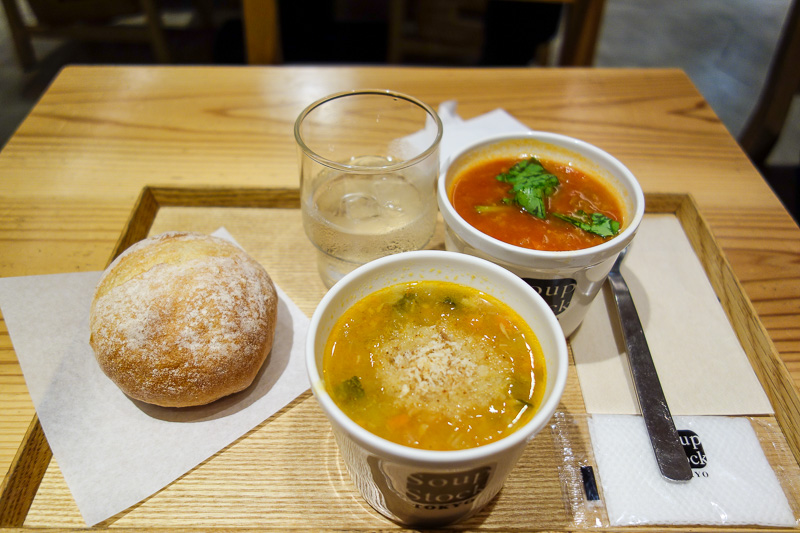Japan-Kanazawa-Kyoto-Train - I decided on a healthy late lunch, and was happy with my choice. 2 kinds of vegetarian soup.