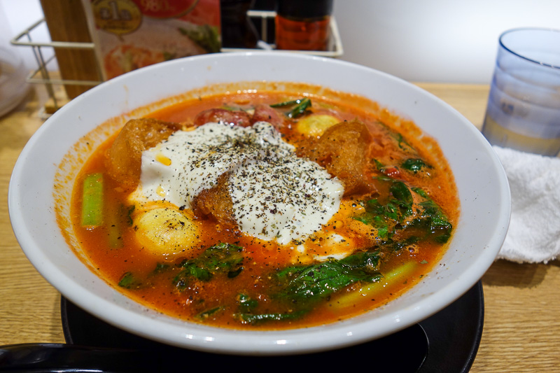 Japan-Tokyo-Shimokitazawa-Ramen - My fantastic dinner. I had this before years ago, I was very happy its still here. It has gorgonzola, potatoes, garlic bread and noodles in a tomato s