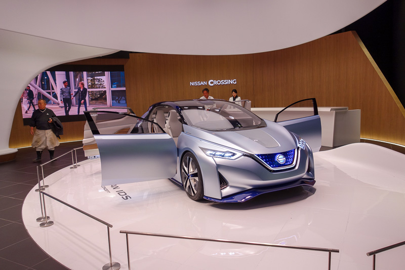 Japan-Tokyo-Ginza-Shopping Street - A shiny new Nissan concept car. Like all concept cars, the rear doors open backwards. This never lasts through to the production vehicle because that 