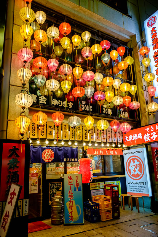 Japan-Shizuoka-Shrine-Food-Ramen - Heres a gyoza shop, with many lanterns. Their sign took my eye, 'The woman dumplings, The meat dumplings, The man dumplings'. I will get 1/2 a dozen w