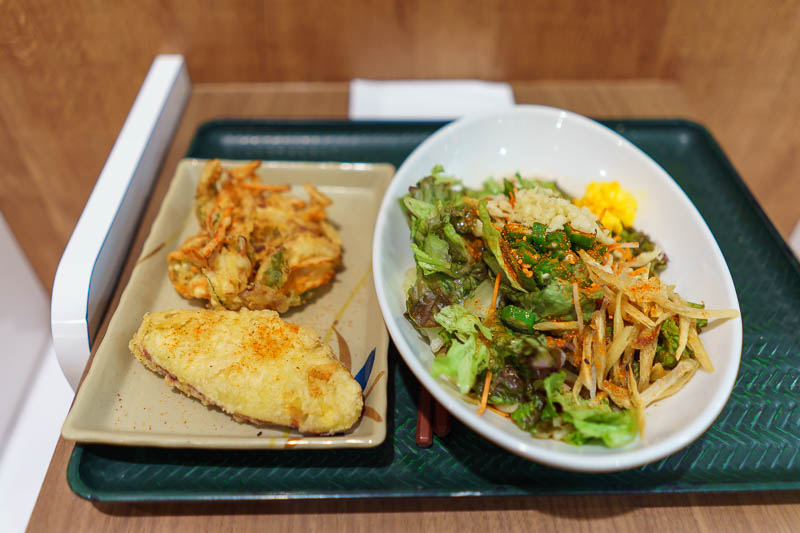 Japan-Tokyo-Kitasenju - My $5 dinner consisted of Soba in broth with salad on top, accompanied by deep fried shredded vegetables and deep fried sweet potato. It wasnt bad!