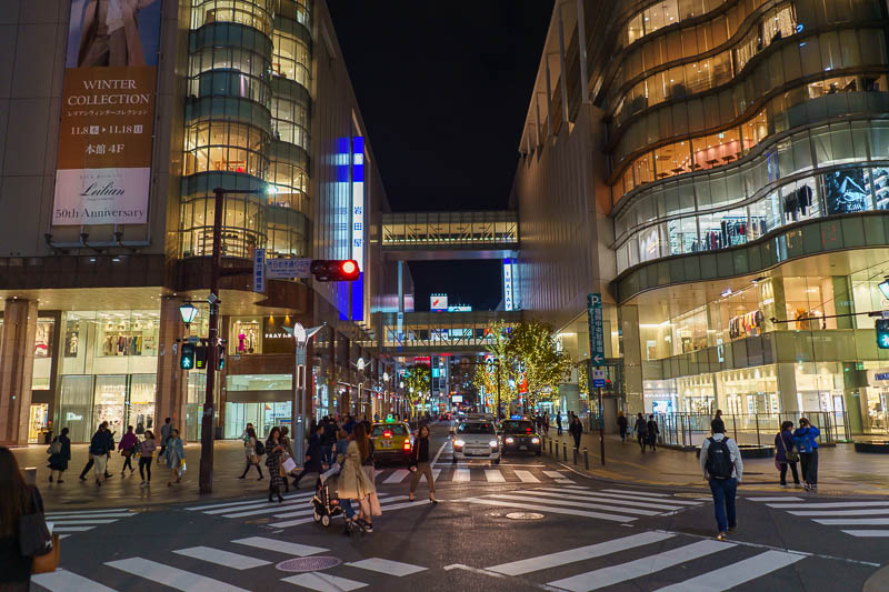 Japan-Fukuoka-Tenjin-Food - Here, have a bit more bright lights of Tenjin, with the fancy stores and their overpasses.