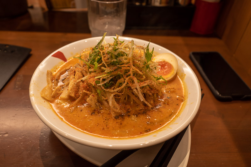 Japan for the 9th time - Oct and Nov 2019 - My ramen tonight was a bit different. Quite thick noodles. Small chunks of what I assume was pork, but I have no idea. I only eat things floating in r