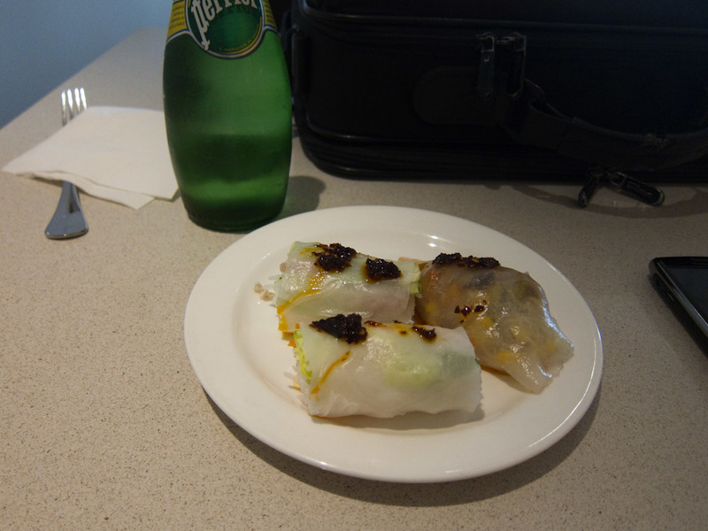Hong Kong-Airport-Boeing 777-Lounge - I sampled some cold rolls and a dumpling with chilli sauce. Oh and some ice cream that I didnt photograph.