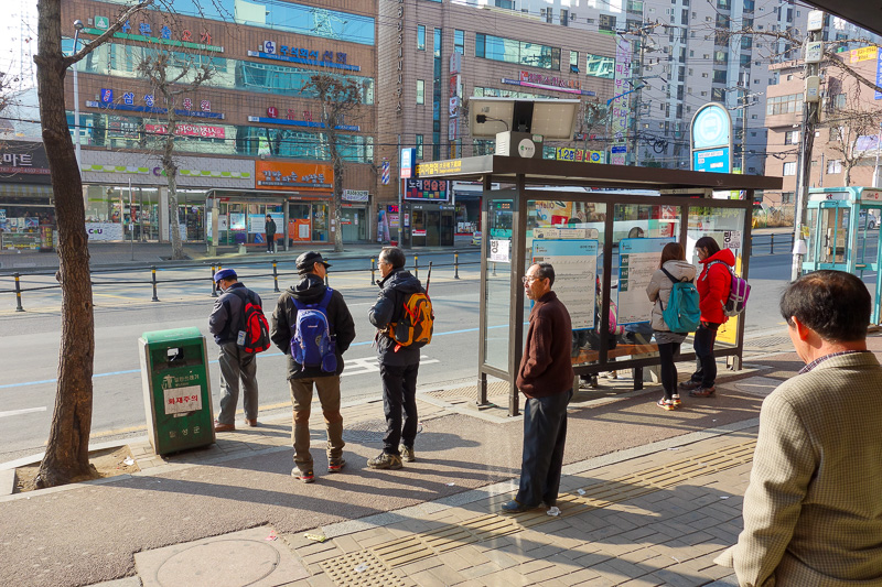 Korea again - Incheon - Daegu - Busan - Gwangju - Seoul - 2015 - My bus stop, with a few of the intrepid hikers, who ended up going some place else. Here I enjoyed a sweet red bean bun, my only food, and a can of co