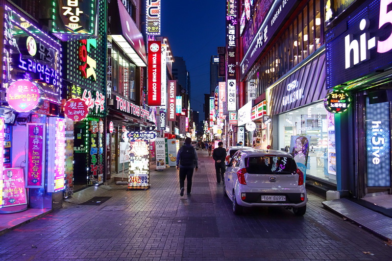 Korea-Busan-Food-Neon-Pho - Tonights random neon. No people in this street, but plenty of bright lights.