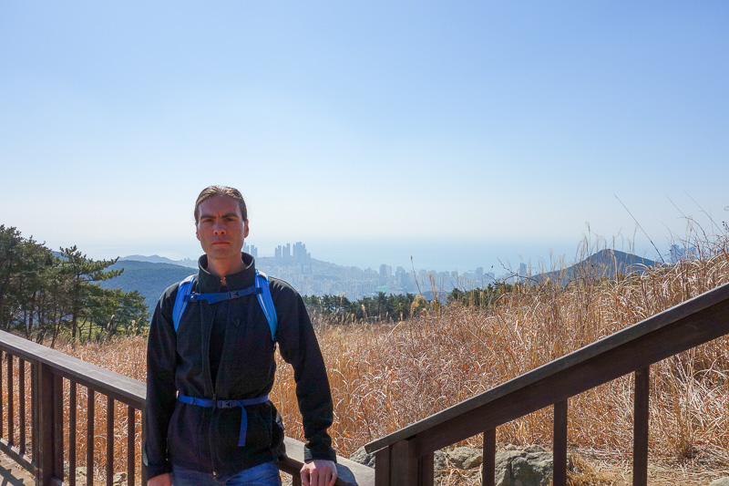 Korea-Busan-Hiking-Hwangnyeongsan - Time for a selfie at a convenient observation deck perhaps half way up.
