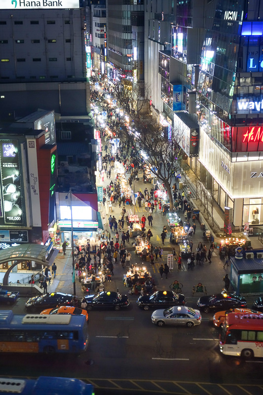 Korea-Seoul-Myeongdong-Namdaemun - This is Myeongdong from above, through glass, at 8pm on a Monday night, the day of the week some stores traditionally close.