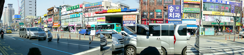 Korea-Hiking-Incheon - Heres another panorama, this time of a random street in Bucheon. Korean cars come in multiple pieces.