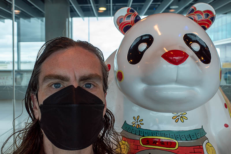 Melbourne-Airport-Singapore Airlines - It is me, with my thousand yard stare, and my friend the Chengdu panda for the flights that used to go to Chengdu from Melbourne but have not done so 