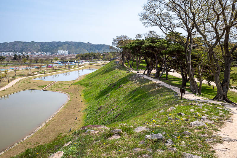 Korea-Gyeongju-Wolseong-Bomunho - More fortress wall. More blue sky today, also about 20c again, and no wind. Hence a bit more pollution but not too bad compared to previous days.