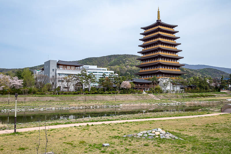 Korea-Gyeongju-Wolseong-Bomunho - A pagoda. Actually it is a hotel. Albo (Aus PM) will probably stay in the pagoda hotel next year.