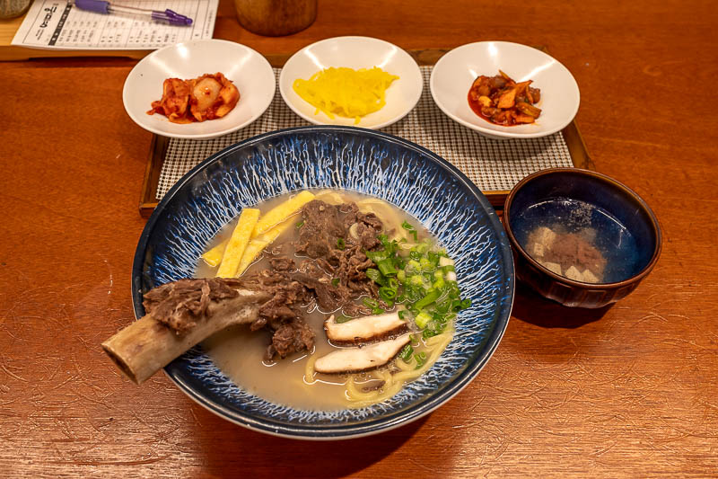 Korea-Gyeongju-Tombs - Now for my dinner. It looked better in pictures. A noodle soup with a galbi (beef rib) and bonus bulgogi. Pretty flavourless like a lot of Korean food