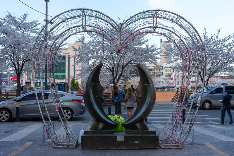 Korea-Daejeon-Pancakes - Its a love heart, some sort of satanic moon symbol, and cherry blossoms. Oh and someone has put a bag of rubbish on it and two girls are taking selfie