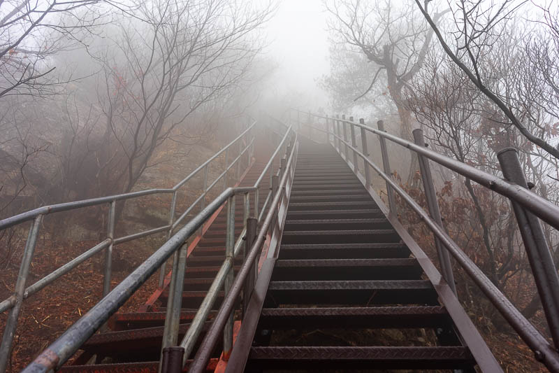 Korea-Hiking-Gyeryongsan - After a lot of ascending in the fog, the ascent got too steep and needed vertigo inducing stairs. It never rained despite constantly looking like it w