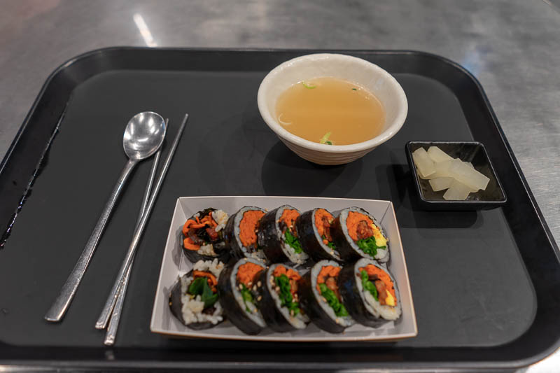 Korea - HK - China - KORKONG! - I decided to have vegetarian spicy gimbap, actually quite spicy this time. Very good. Nice soup also, no idea what it is, chicken, miso, dirty dish wa
