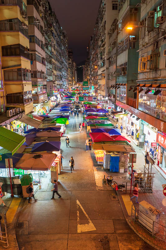 Hong Kong-Mong Kok - Now for 3 similar shots from an overpass. Here is shot number one, which involves a market. I have seen lots of photos from this spot taken by other p