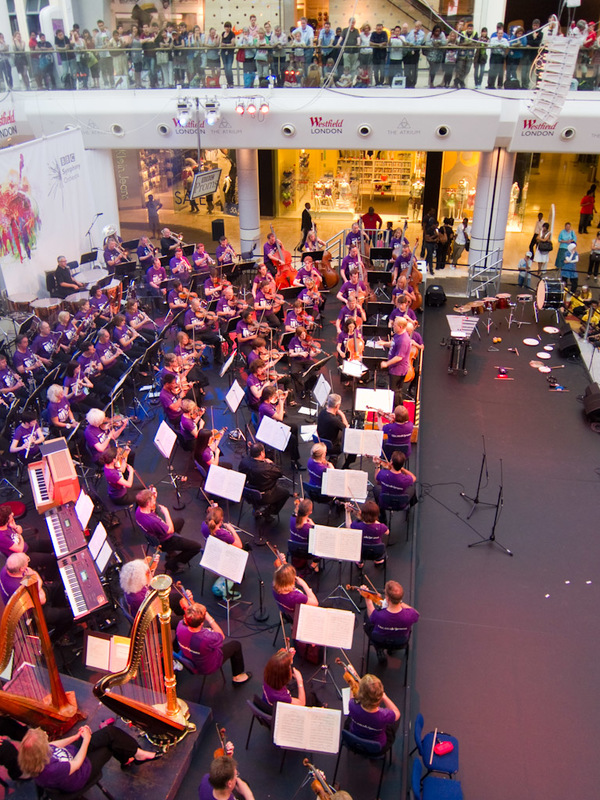 England-London-Mall-Orchestra - The last night of the proms turned up at the local shopping centre to play star spangled banner and the german national anthem.