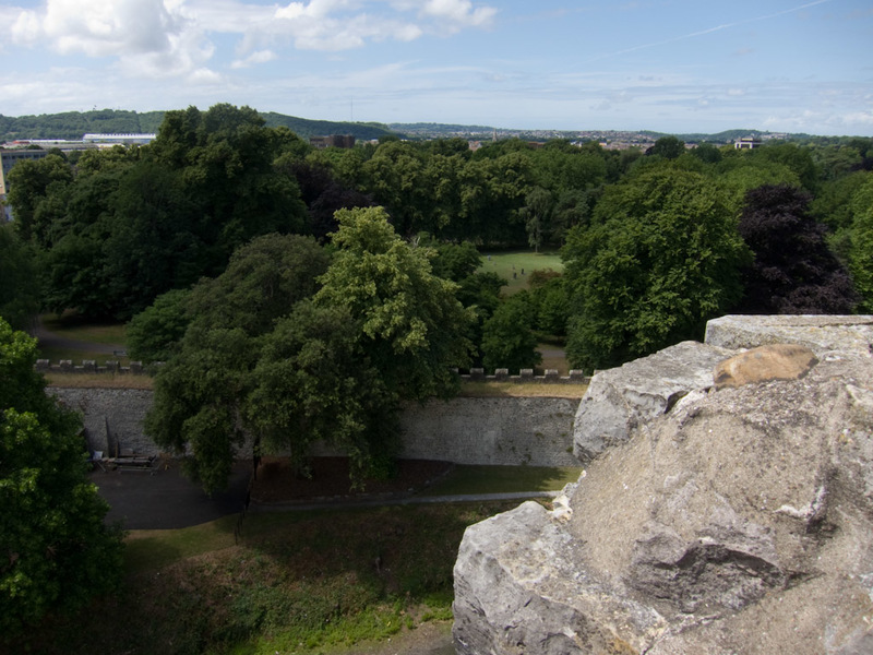 England-Wales-Cardiff-Castle - And now I am at the top, looking down at the moat, keeping an eye out for invading hens night birds (correct usage of birds, tarts would also work).