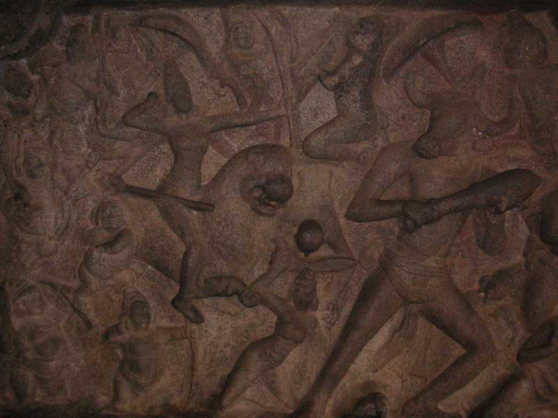 India-Chennai-Mamallapuram-Monkeys - The figure riding the horse is vishnu, the figure with the bulls head is sheva - shevas blood forms demons (once again, I am sure I am getting this wr