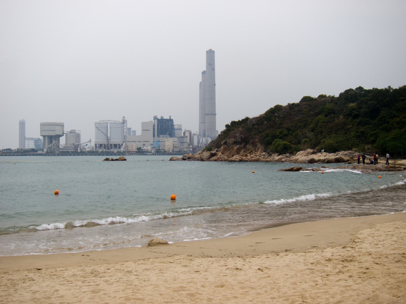 Hong Kong-Hiking-Ferry-Lamma Island - Heres one of the beaches, this one has a fetching view of a gigantic power plant.