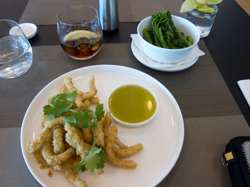 Melbourne-Airport-Lounge-Qantas - For lunch, I had salt and pepper squid, with mixed greens. Was very tasty. The menu is extensive, a lot of fois gras and wagyu etc. But I have to sit 