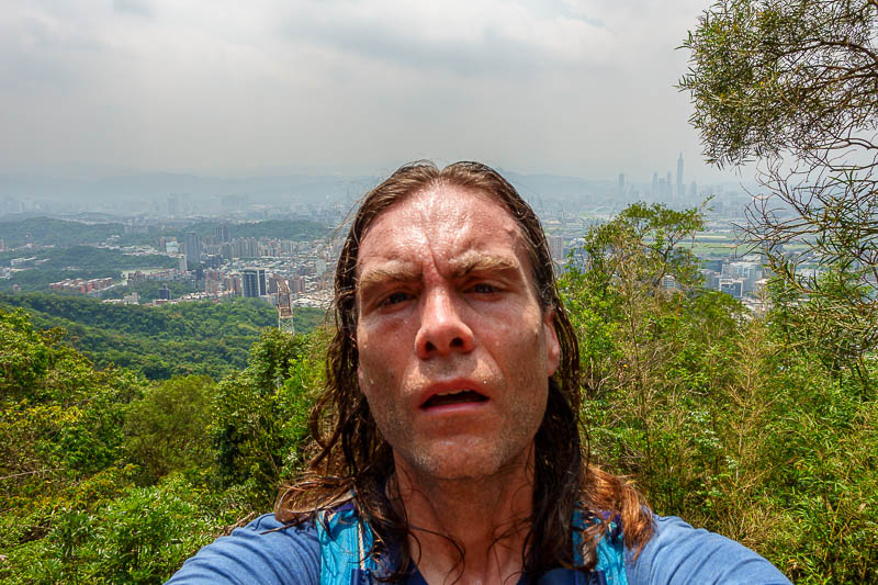 Taiwan-Taipei-Hiking-Jinmianshan - I stopped for the shot. That is a vein on the left side of my forehead. Impressive.