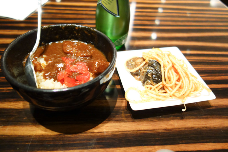 Japan-Tokyo-Narita-Lounge - JAL's signature beef curry, with mushroom rice. I also dished up some noodles and chilli fried eggplant. The curry and eggplant were great, the noodle